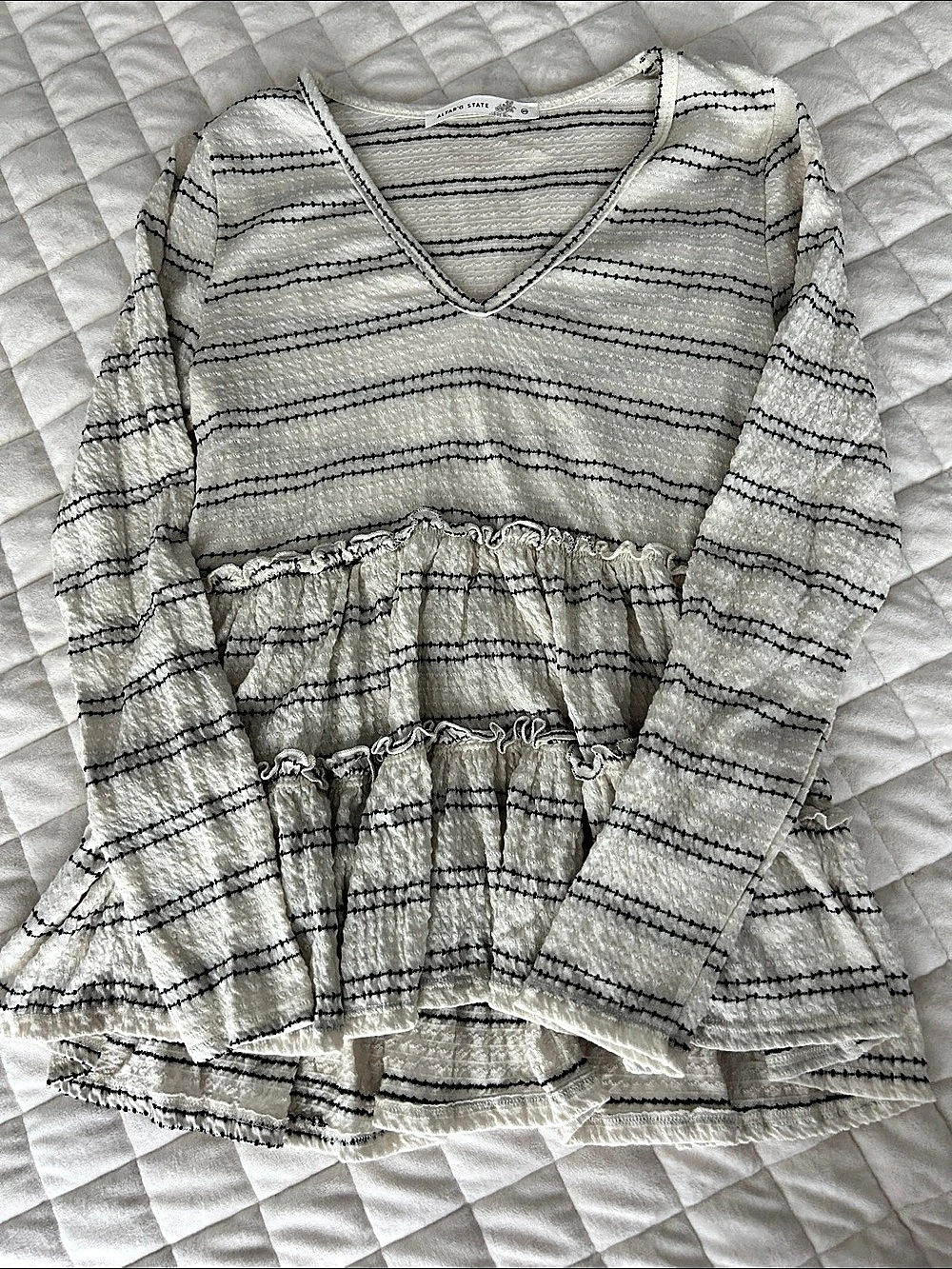 Altar'd State Striped Ruffle Blouse in White & Black Size XS